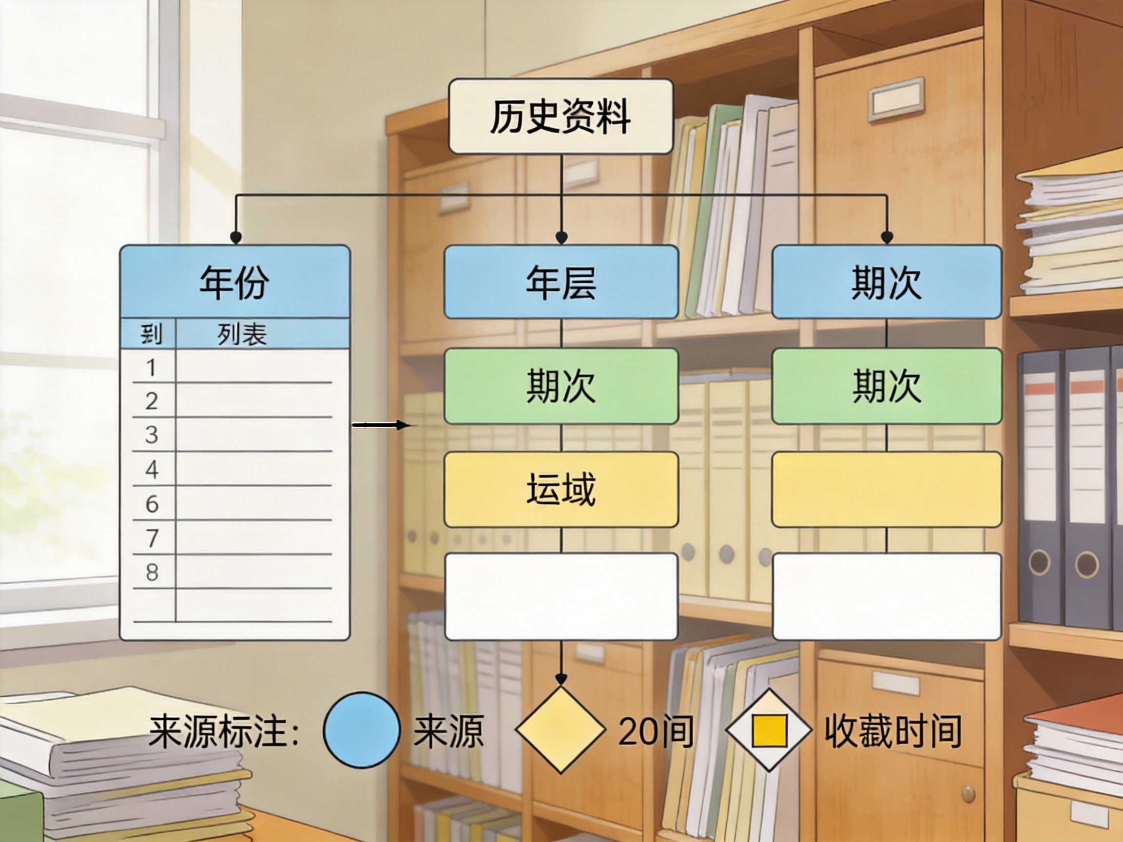 历史资料按期次层级归档的结构示意图，包含列表与条目字段
